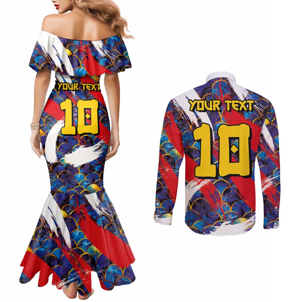 Custom Japan Football Couples Matching Mermaid Dress and Long Sleeve Button Shirt Seigaiha and Brush Style