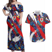 Custom Japan Football Couples Matching Off Shoulder Maxi Dress and Hawaiian Shirt Seigaiha and Brush Style