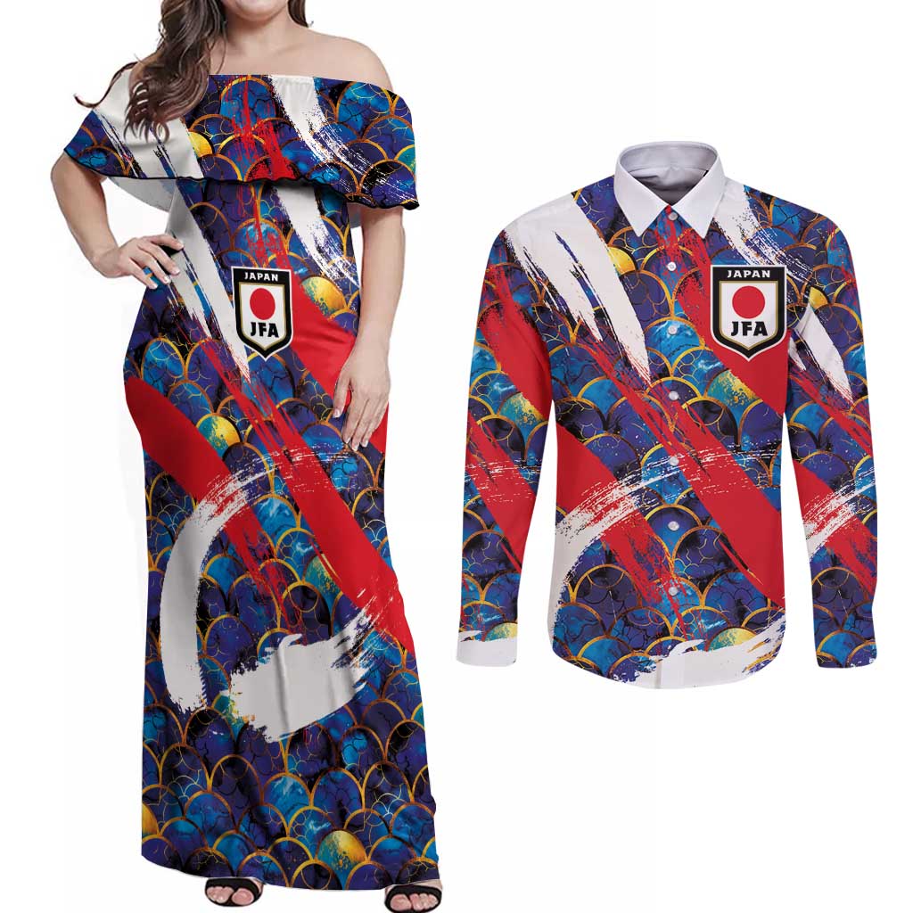 Custom Japan Football Couples Matching Off Shoulder Maxi Dress and Long Sleeve Button Shirt Seigaiha and Brush Style