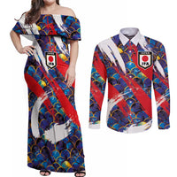 Custom Japan Football Couples Matching Off Shoulder Maxi Dress and Long Sleeve Button Shirt Seigaiha and Brush Style