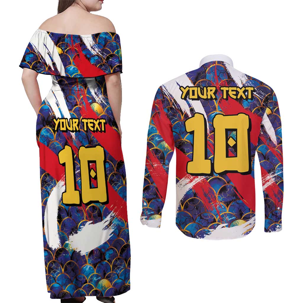 Custom Japan Football Couples Matching Off Shoulder Maxi Dress and Long Sleeve Button Shirt Seigaiha and Brush Style