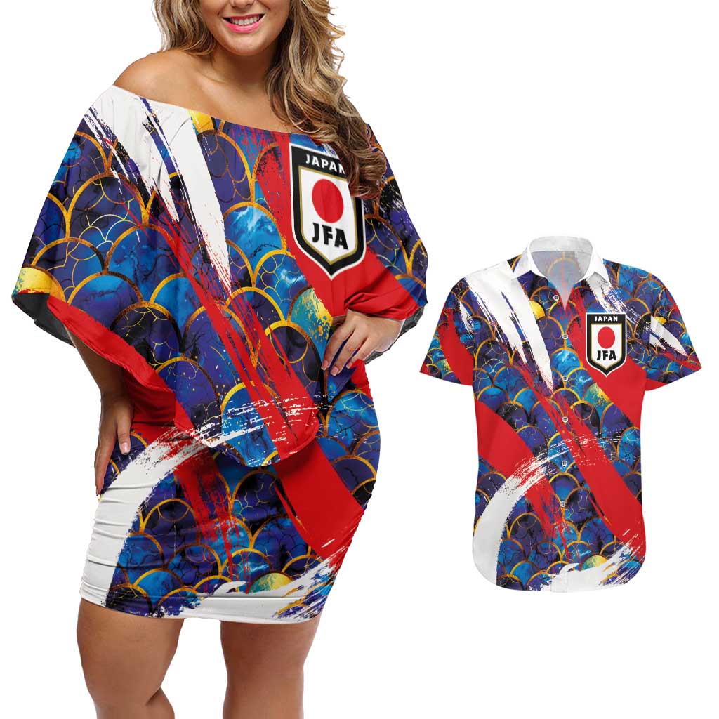Custom Japan Football Couples Matching Off Shoulder Short Dress and Hawaiian Shirt Seigaiha and Brush Style