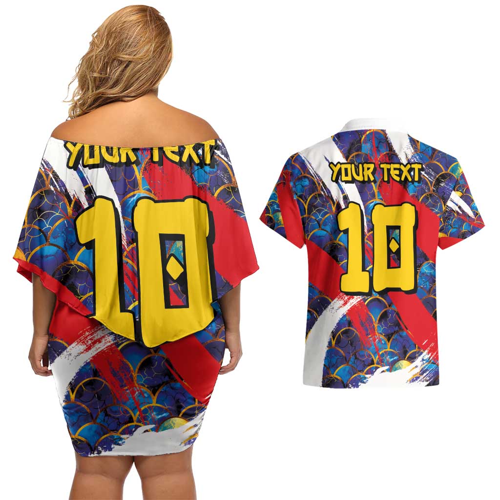 Custom Japan Football Couples Matching Off Shoulder Short Dress and Hawaiian Shirt Seigaiha and Brush Style