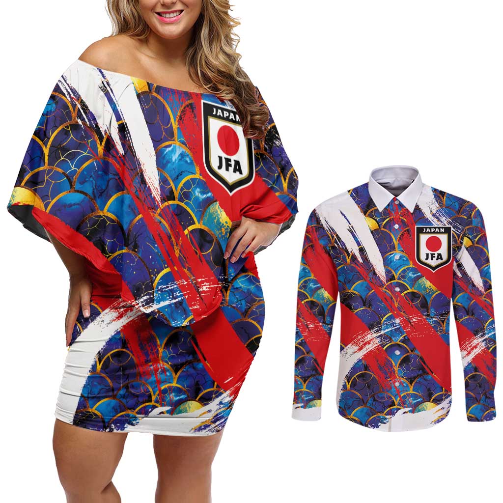 Custom Japan Football Couples Matching Off Shoulder Short Dress and Long Sleeve Button Shirt Seigaiha and Brush Style