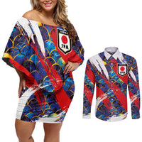 Custom Japan Football Couples Matching Off Shoulder Short Dress and Long Sleeve Button Shirt Seigaiha and Brush Style