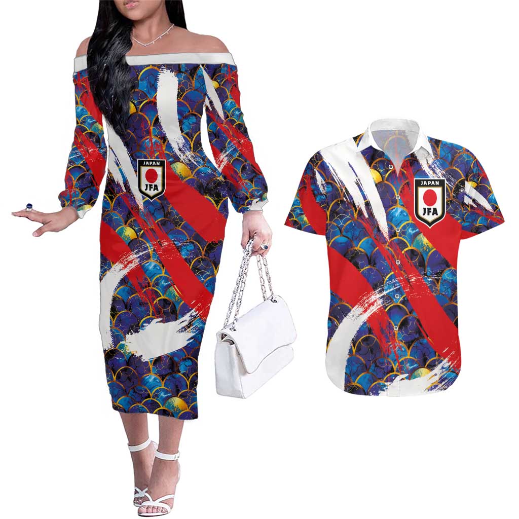 Custom Japan Football Couples Matching Off The Shoulder Long Sleeve Dress and Hawaiian Shirt Seigaiha and Brush Style