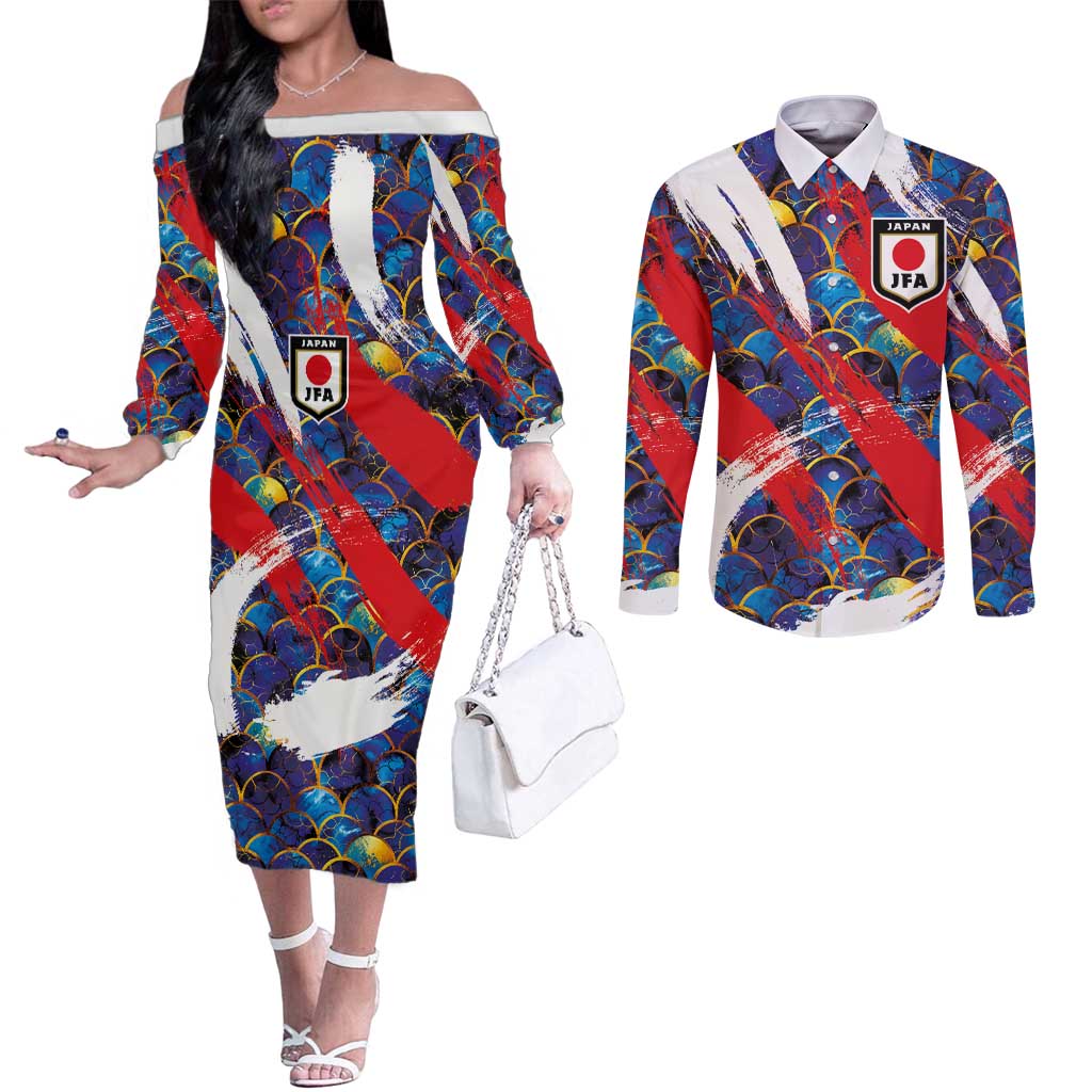 Custom Japan Football Couples Matching Off The Shoulder Long Sleeve Dress and Long Sleeve Button Shirt Seigaiha and Brush Style