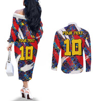 Custom Japan Football Couples Matching Off The Shoulder Long Sleeve Dress and Long Sleeve Button Shirt Seigaiha and Brush Style
