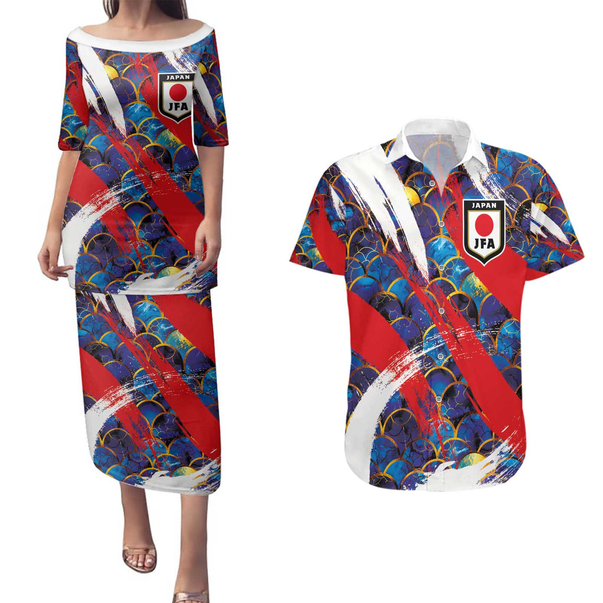 Custom Japan Football Couples Matching Puletasi and Hawaiian Shirt Seigaiha and Brush Style