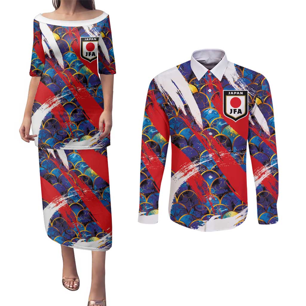 Custom Japan Football Couples Matching Puletasi and Long Sleeve Button Shirt Seigaiha and Brush Style