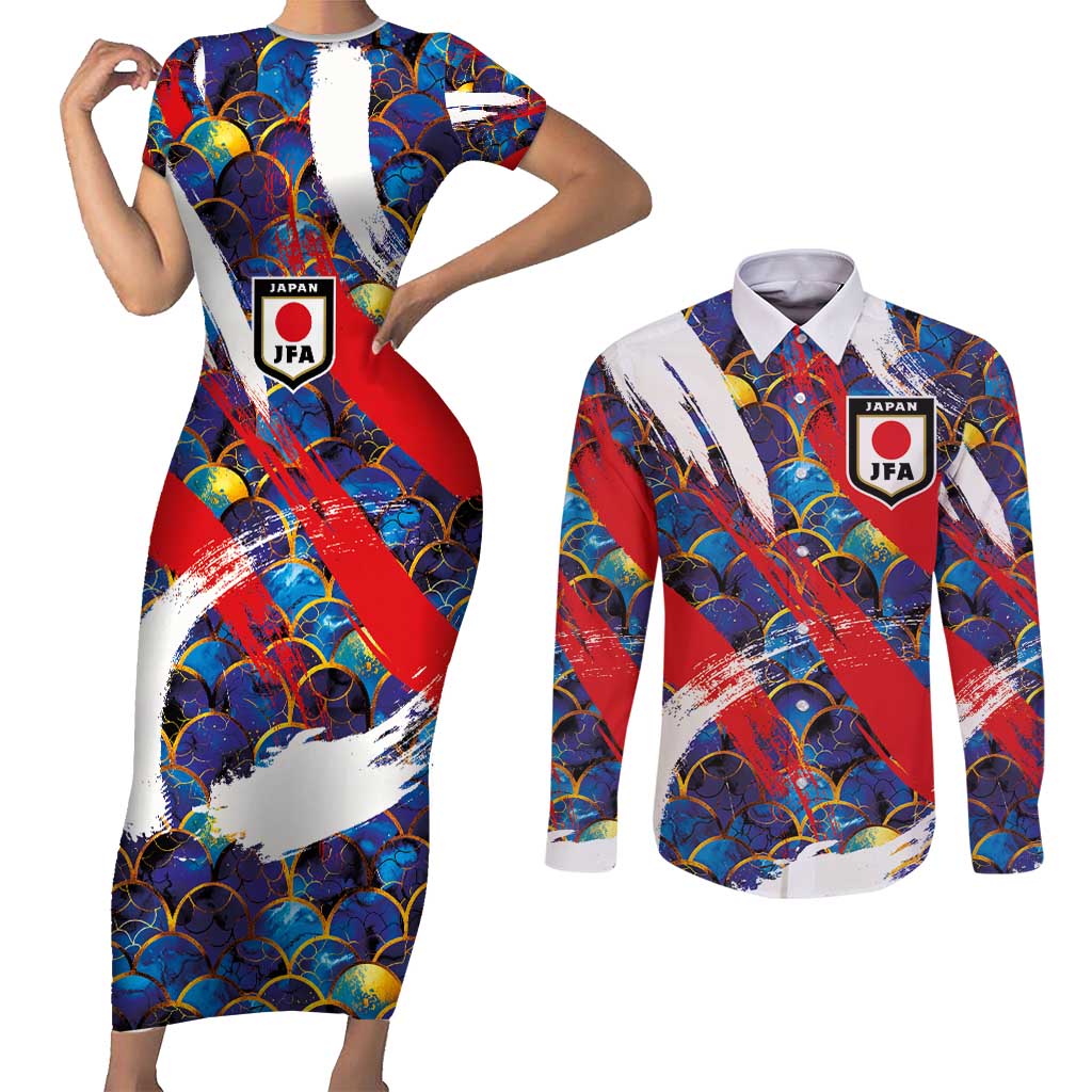 Custom Japan Football Couples Matching Short Sleeve Bodycon Dress and Long Sleeve Button Shirt Seigaiha and Brush Style