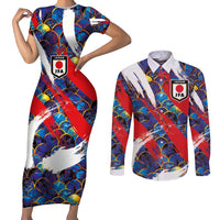 Custom Japan Football Couples Matching Short Sleeve Bodycon Dress and Long Sleeve Button Shirt Seigaiha and Brush Style