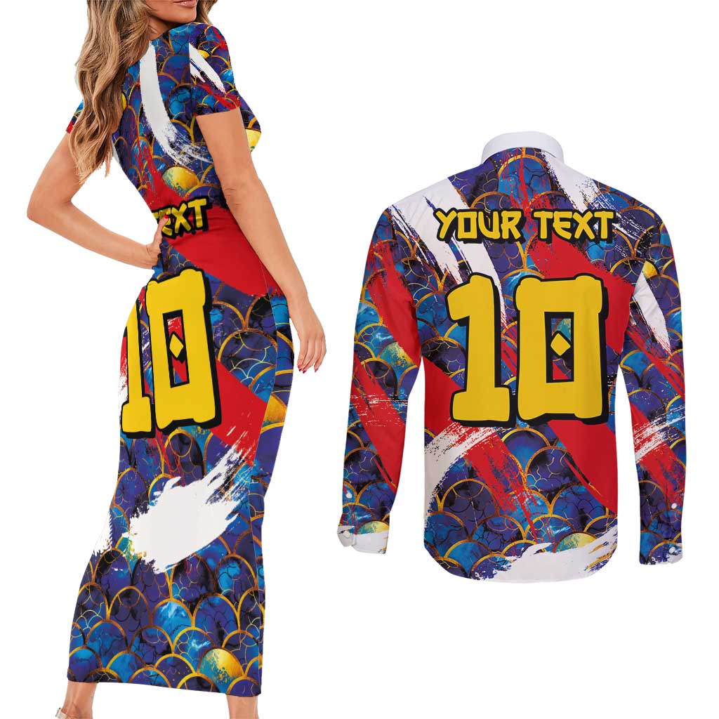 Custom Japan Football Couples Matching Short Sleeve Bodycon Dress and Long Sleeve Button Shirt Seigaiha and Brush Style