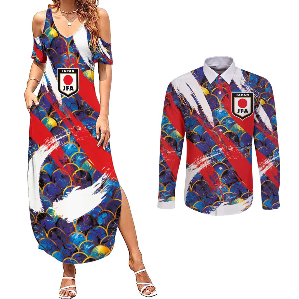 Custom Japan Football Couples Matching Summer Maxi Dress and Long Sleeve Button Shirt Seigaiha and Brush Style