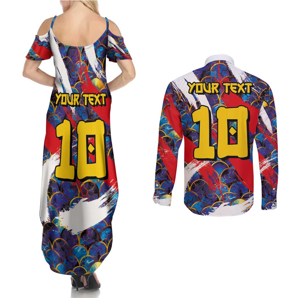 Custom Japan Football Couples Matching Summer Maxi Dress and Long Sleeve Button Shirt Seigaiha and Brush Style