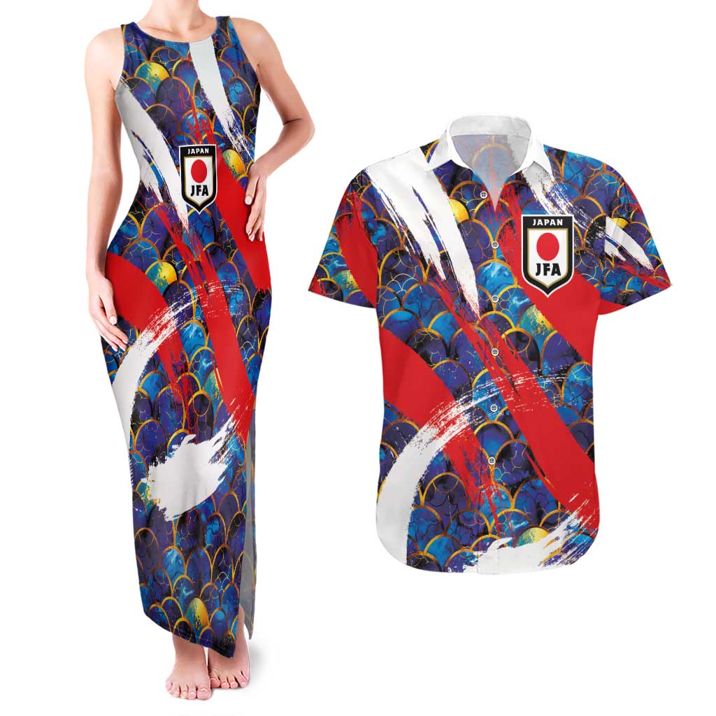 Custom Japan Football Couples Matching Tank Maxi Dress and Hawaiian Shirt Seigaiha and Brush Style