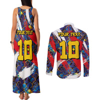 Custom Japan Football Couples Matching Tank Maxi Dress and Long Sleeve Button Shirt Seigaiha and Brush Style