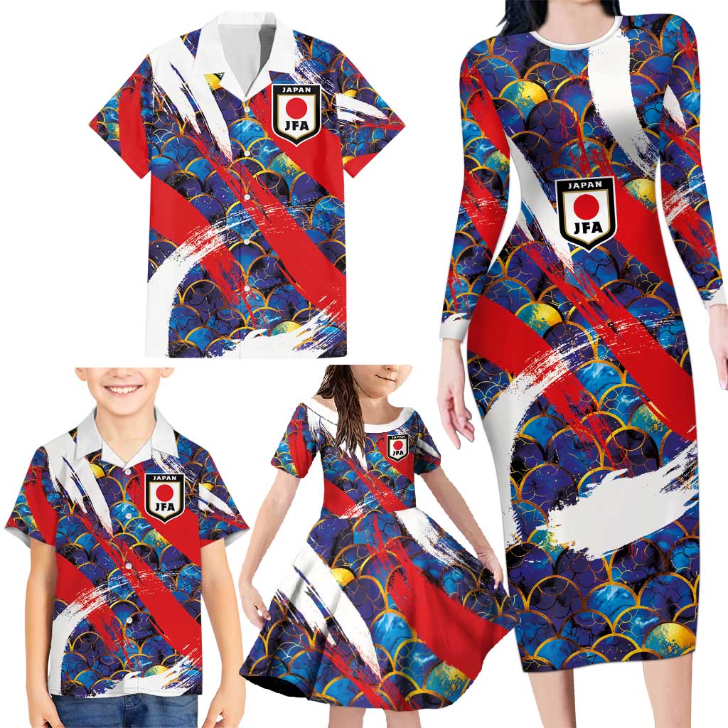 Custom Japan Football Family Matching Long Sleeve Bodycon Dress and Hawaiian Shirt Seigaiha and Brush Style