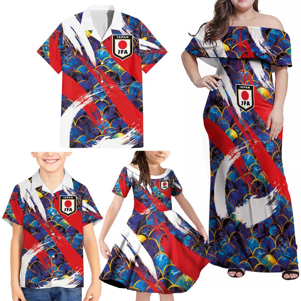 Custom Japan Football Family Matching Off Shoulder Maxi Dress and Hawaiian Shirt Seigaiha and Brush Style