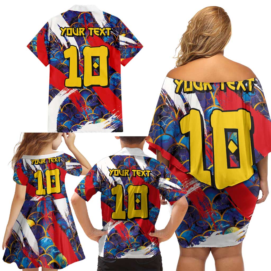 Custom Japan Football Family Matching Off Shoulder Short Dress and Hawaiian Shirt Seigaiha and Brush Style