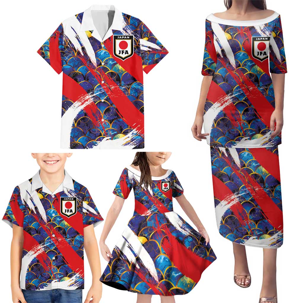 Custom Japan Football Family Matching Puletasi and Hawaiian Shirt Seigaiha and Brush Style