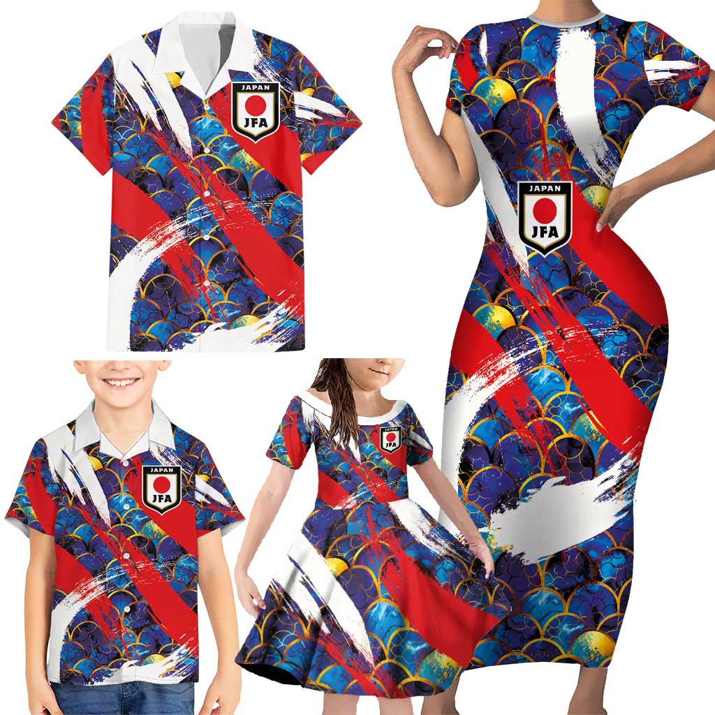 Custom Japan Football Family Matching Short Sleeve Bodycon Dress and Hawaiian Shirt Seigaiha and Brush Style
