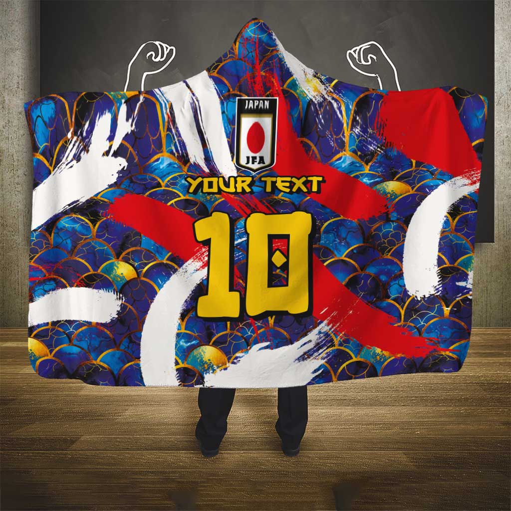 Custom Japan Football Hooded Blanket Seigaiha and Brush Style