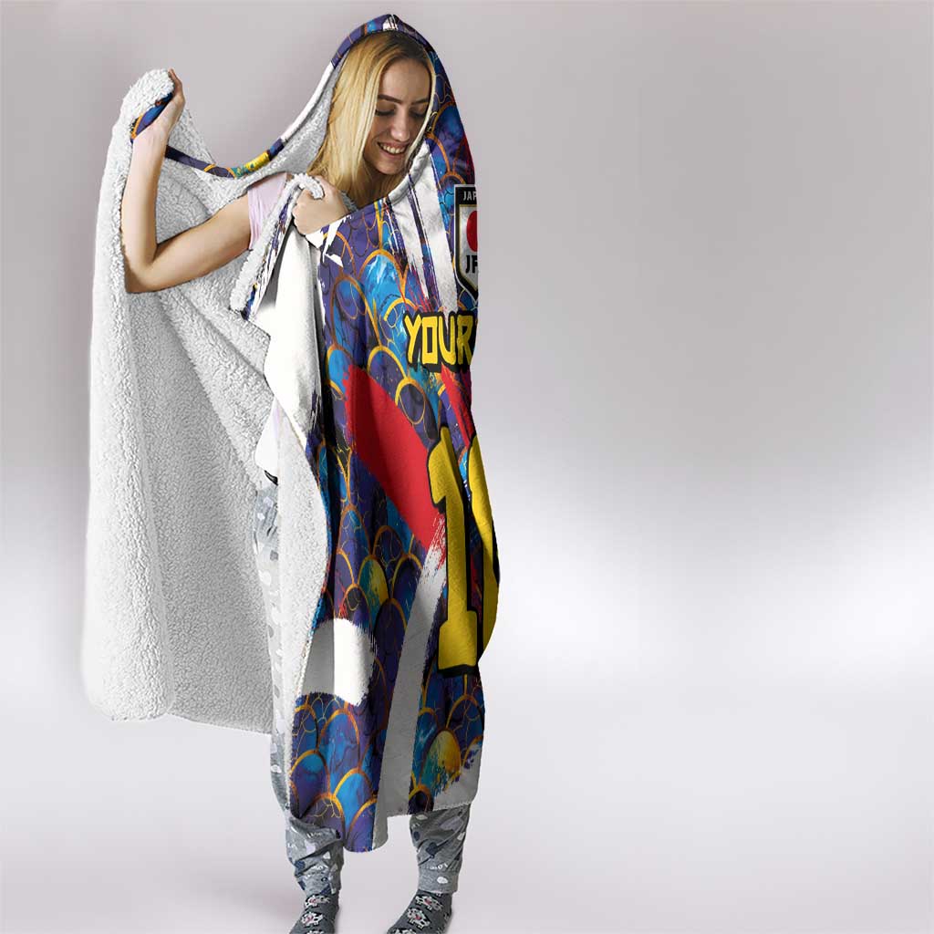 Custom Japan Football Hooded Blanket Seigaiha and Brush Style