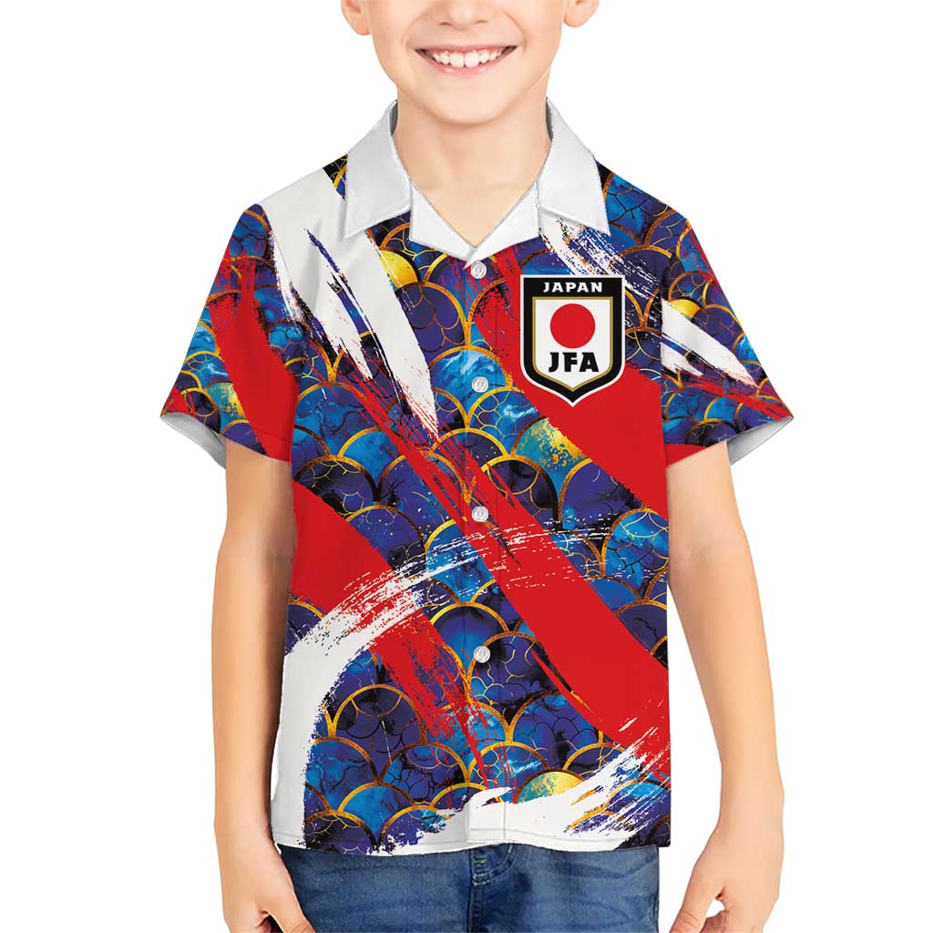 Custom Japan Football Kid Hawaiian Shirt Seigaiha and Brush Style