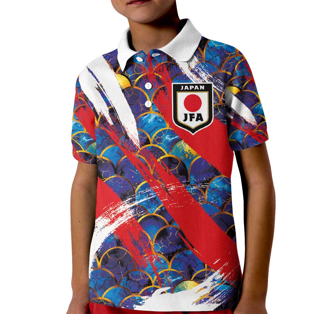 Custom Japan Football Kid Polo Shirt Seigaiha and Brush Style