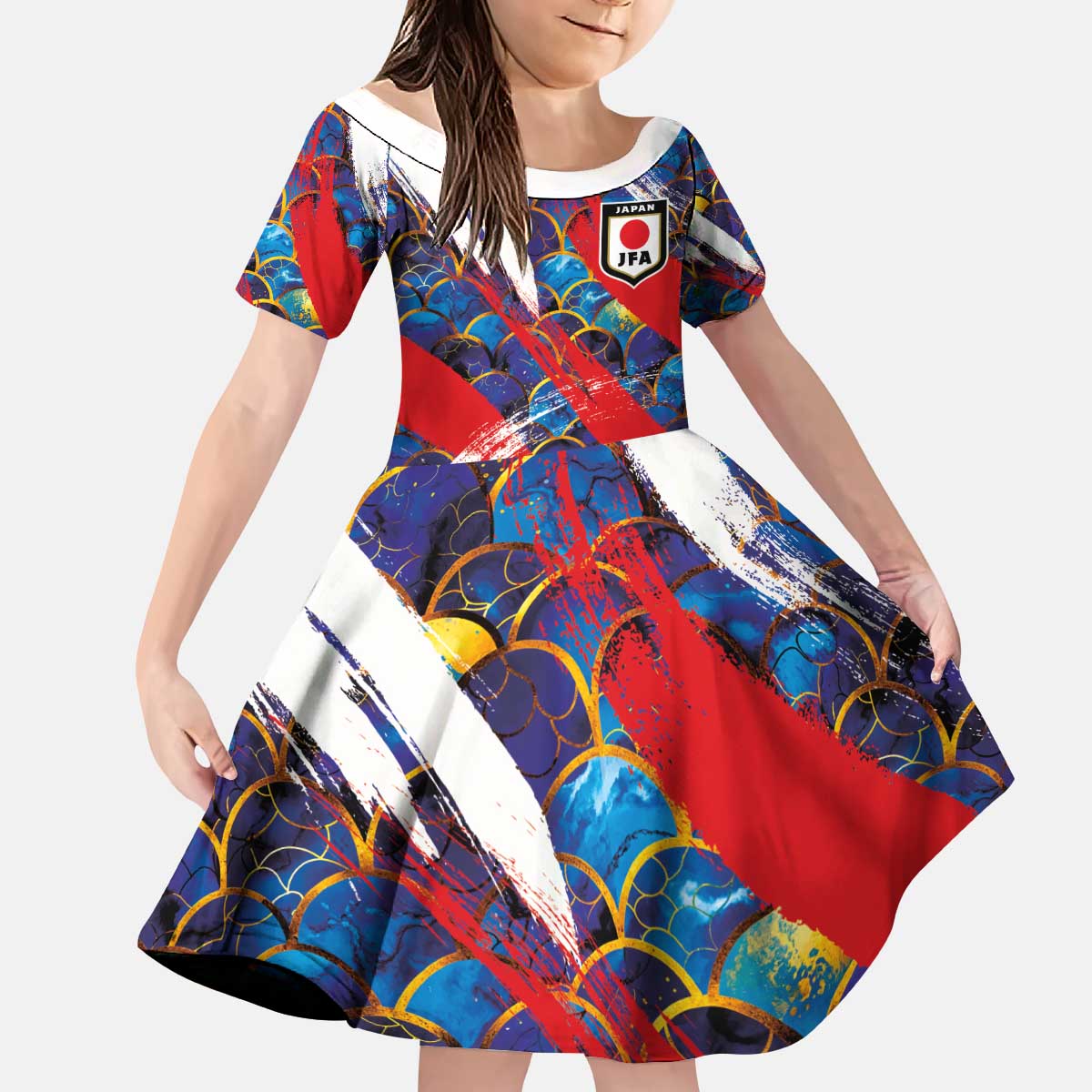 Custom Japan Football Kid Short Sleeve Dress Seigaiha and Brush Style