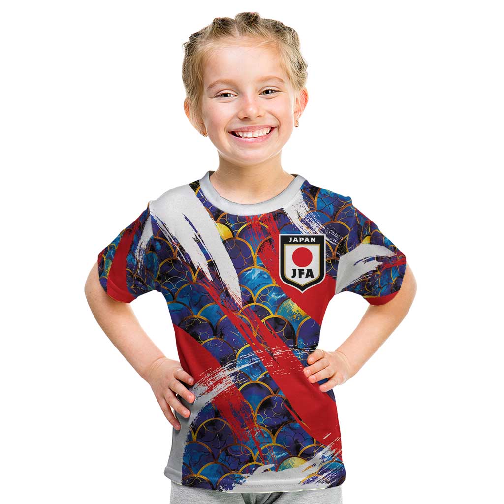 Custom Japan Football Kid T Shirt Seigaiha and Brush Style