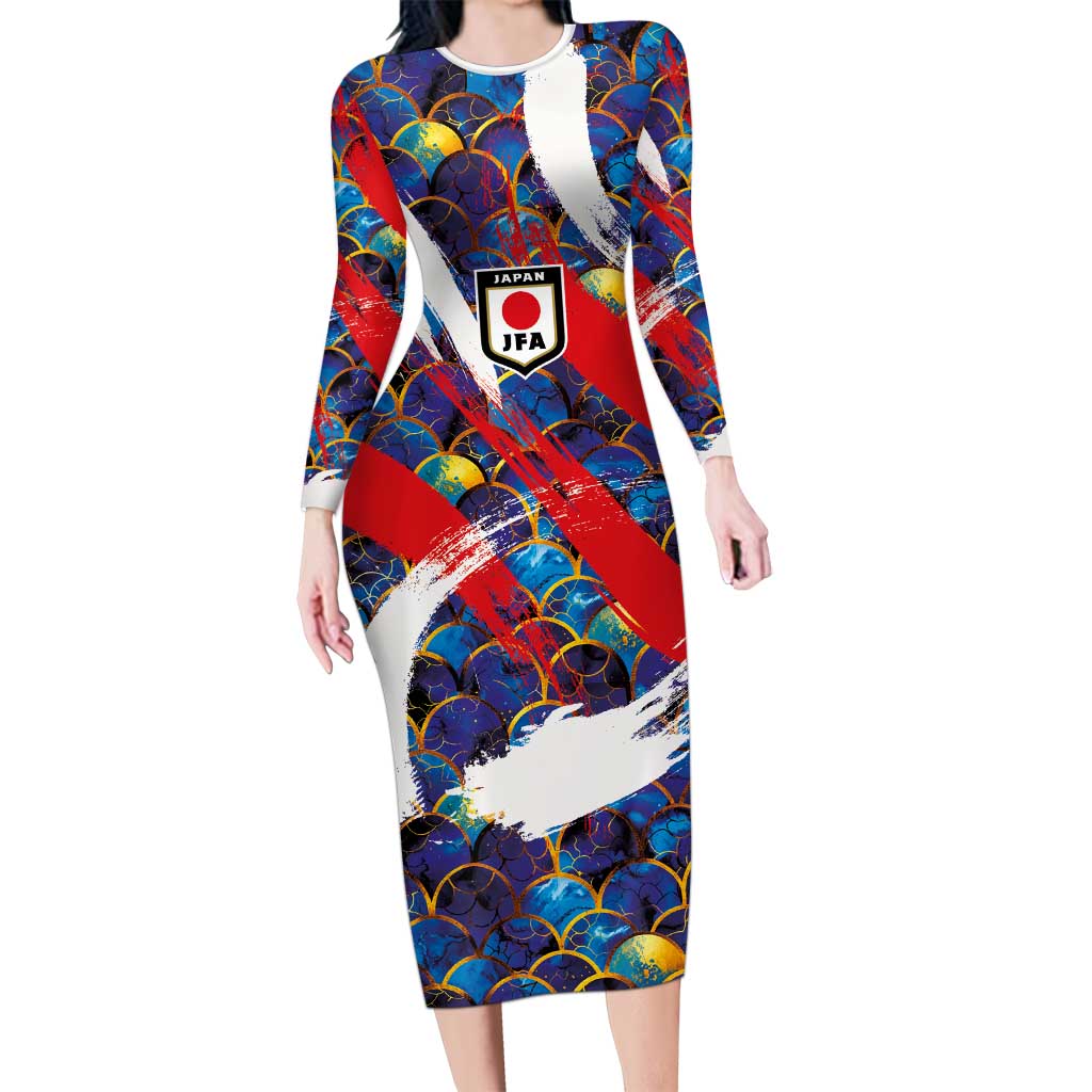 Custom Japan Football Long Sleeve Bodycon Dress Seigaiha and Brush Style