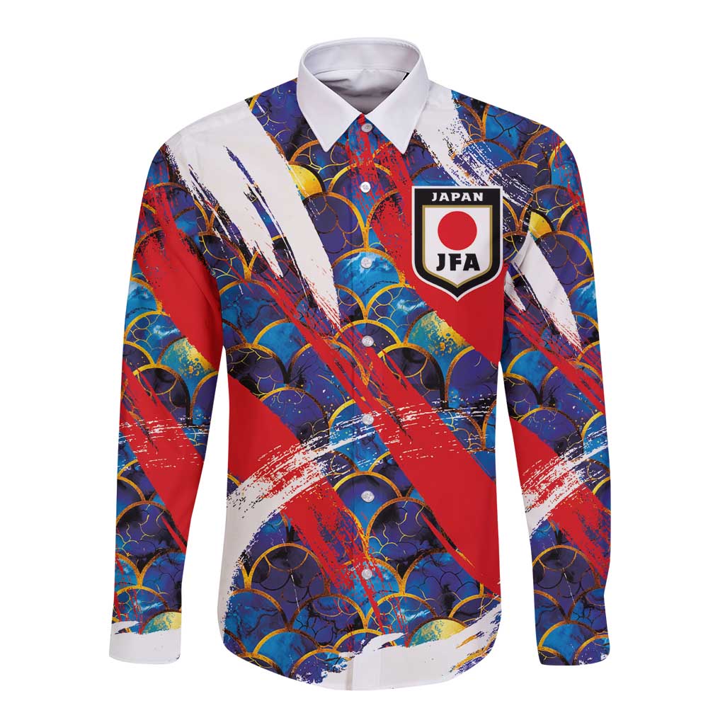 Custom Japan Football Long Sleeve Button Shirt Seigaiha and Brush Style