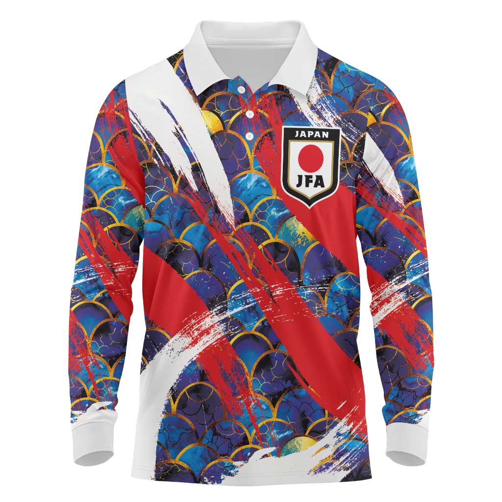 Custom Japan Football Long Sleeve Polo Shirt Seigaiha and Brush Style
