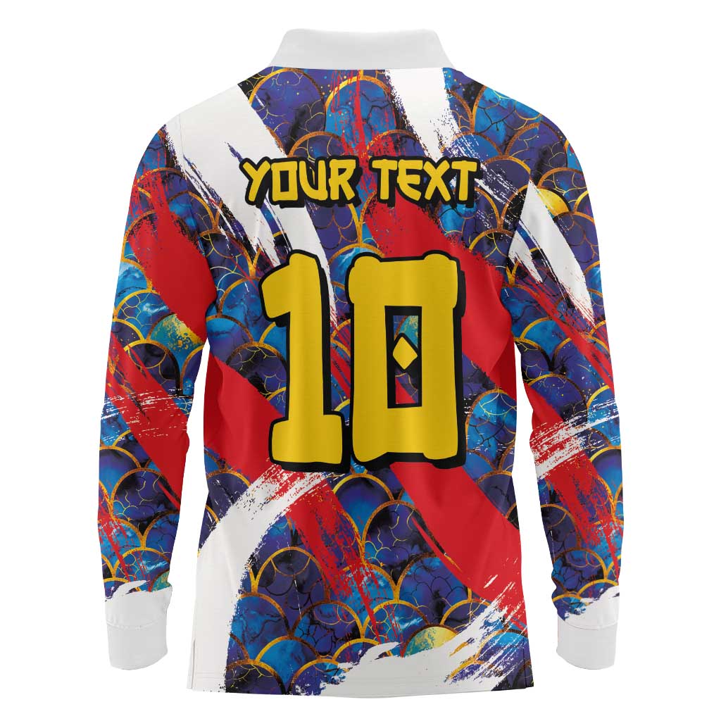Custom Japan Football Long Sleeve Polo Shirt Seigaiha and Brush Style