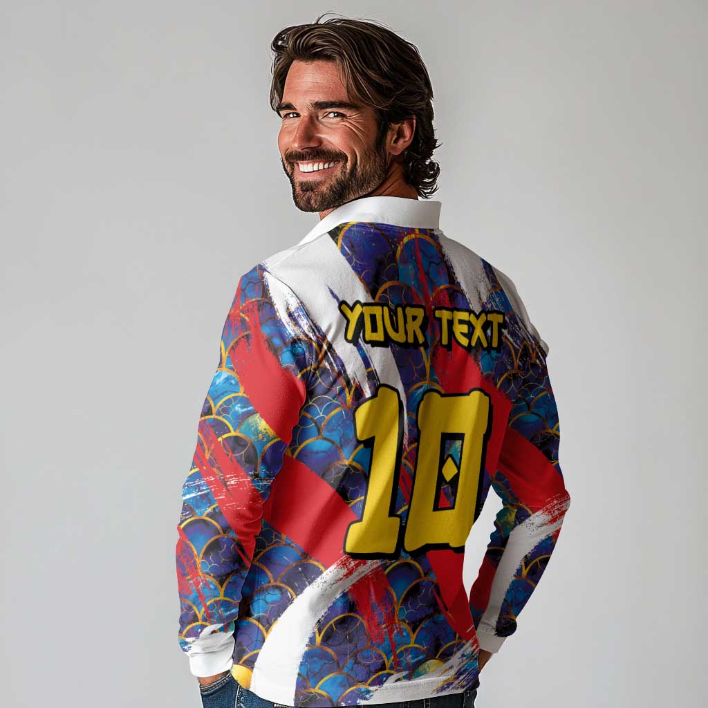 Custom Japan Football Long Sleeve Polo Shirt Seigaiha and Brush Style