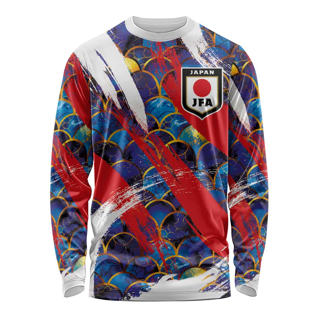 Custom Japan Football Long Sleeve Shirt Seigaiha and Brush Style