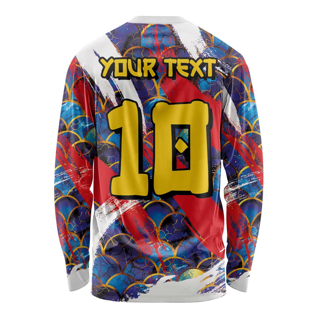 Custom Japan Football Long Sleeve Shirt Seigaiha and Brush Style