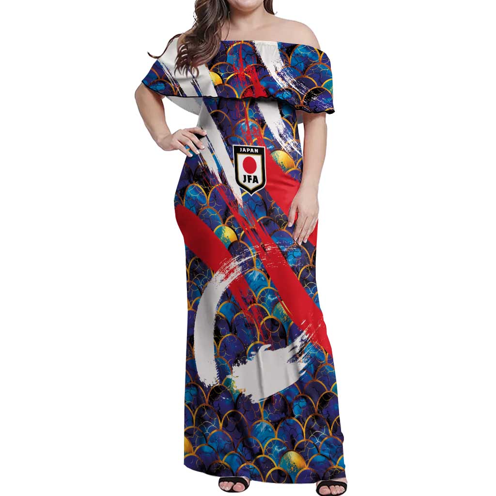 Custom Japan Football Off Shoulder Maxi Dress Seigaiha and Brush Style