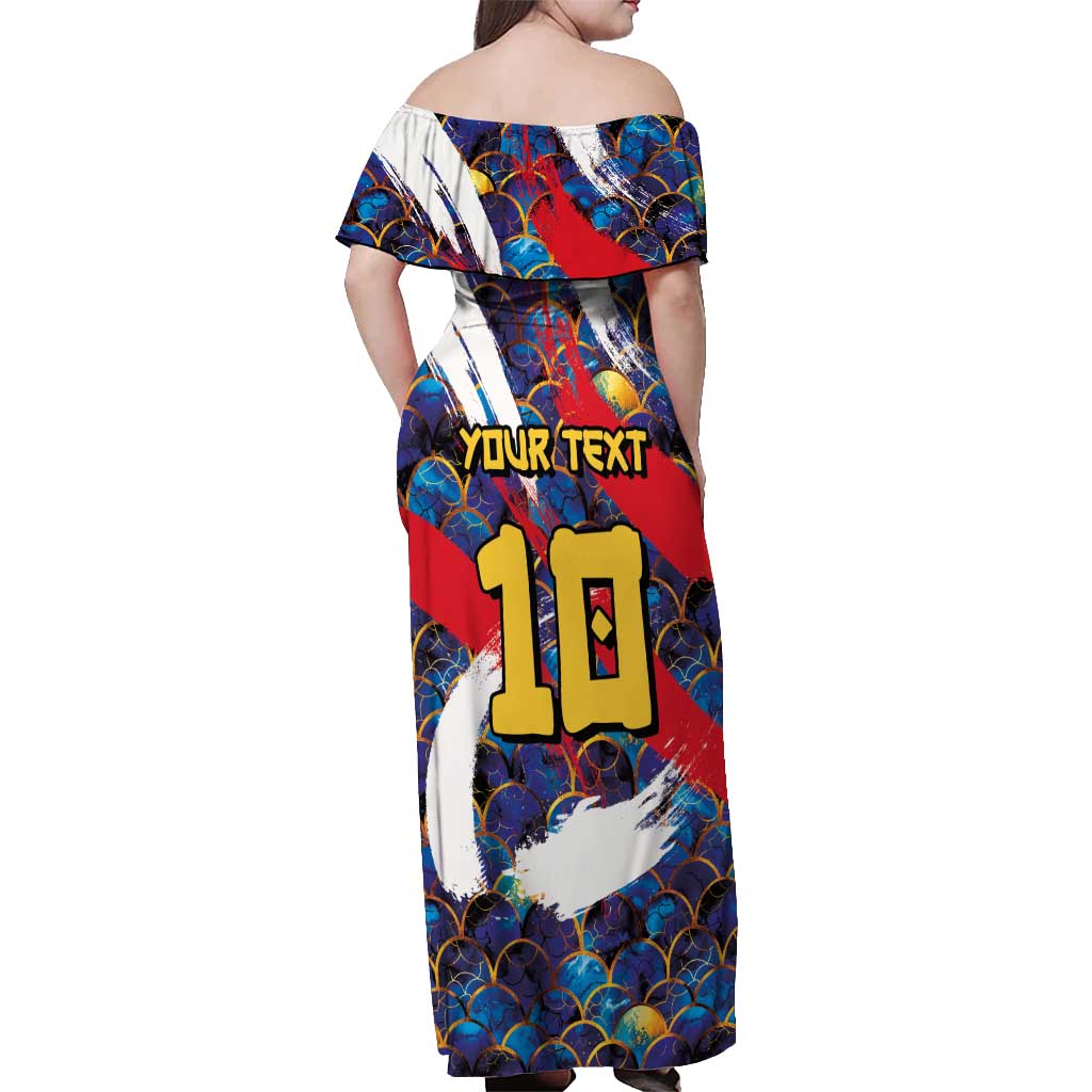 Custom Japan Football Off Shoulder Maxi Dress Seigaiha and Brush Style