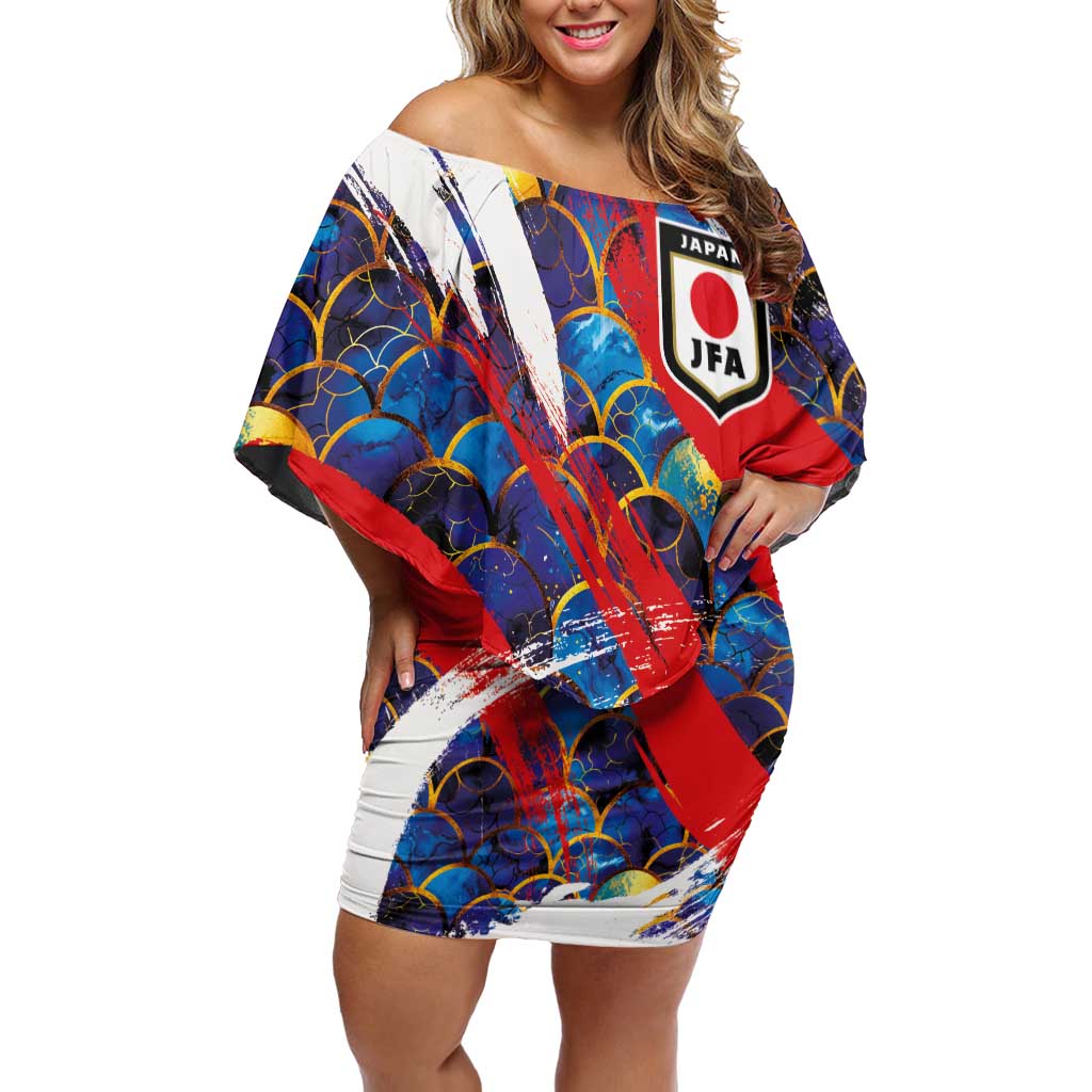 Custom Japan Football Off Shoulder Short Dress Seigaiha and Brush Style