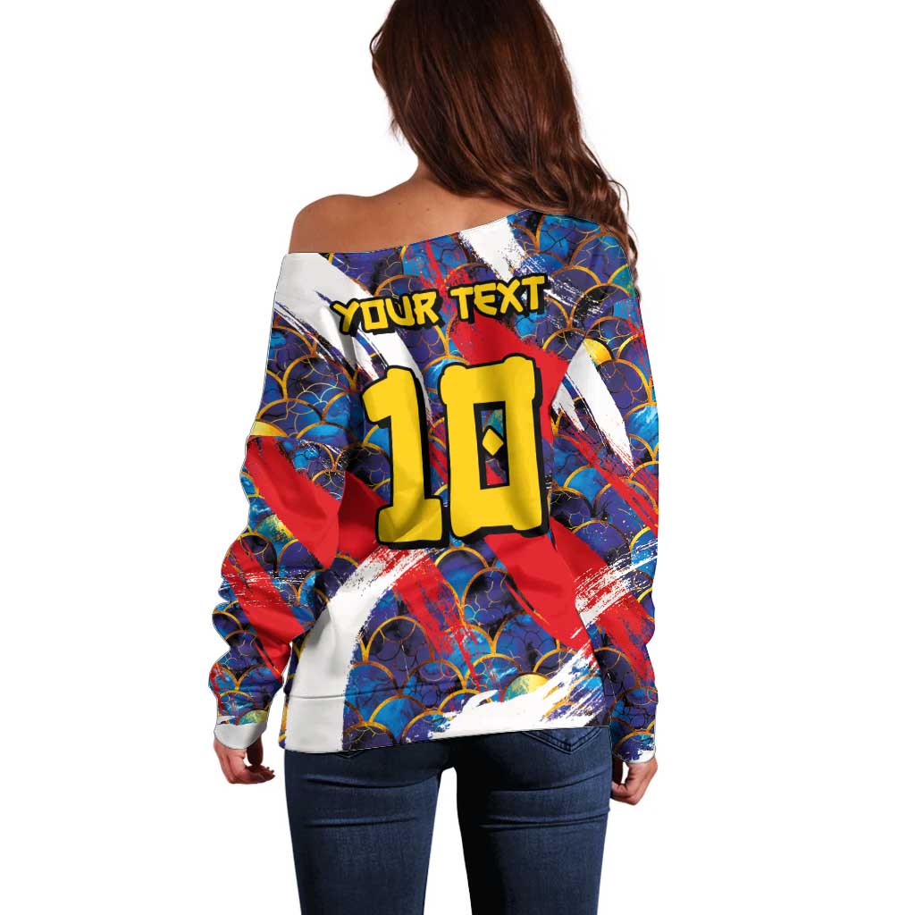 Custom Japan Football Off Shoulder Sweater Seigaiha and Brush Style
