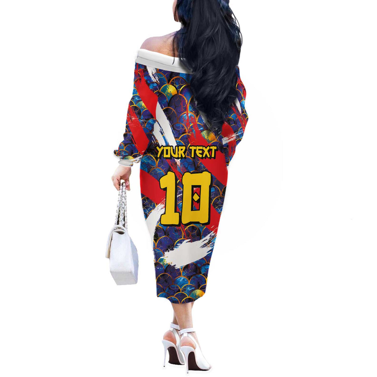 Custom Japan Football Off The Shoulder Long Sleeve Dress Seigaiha and Brush Style