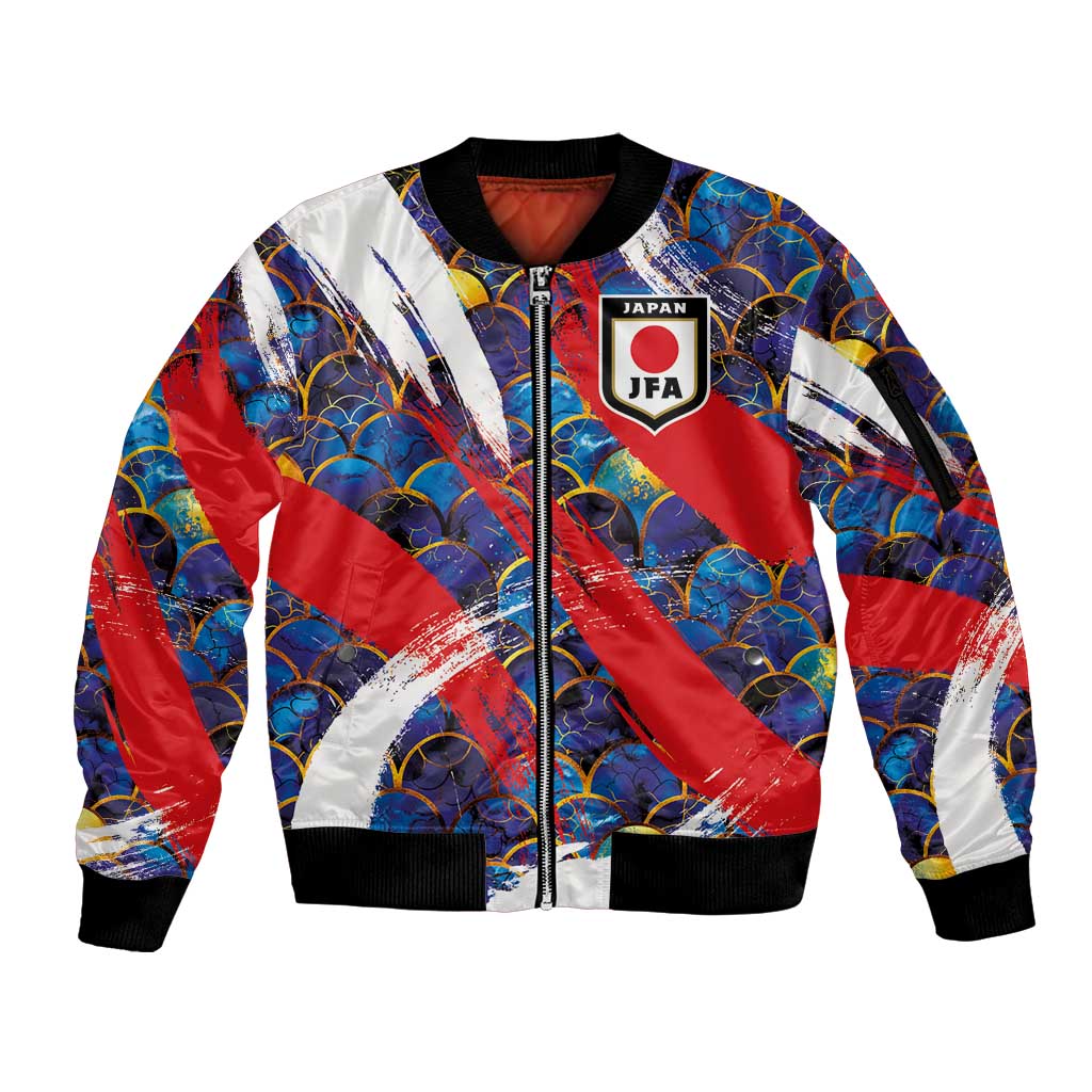 Custom Japan Football Sleeve Zip Bomber Jacket Seigaiha and Brush Style