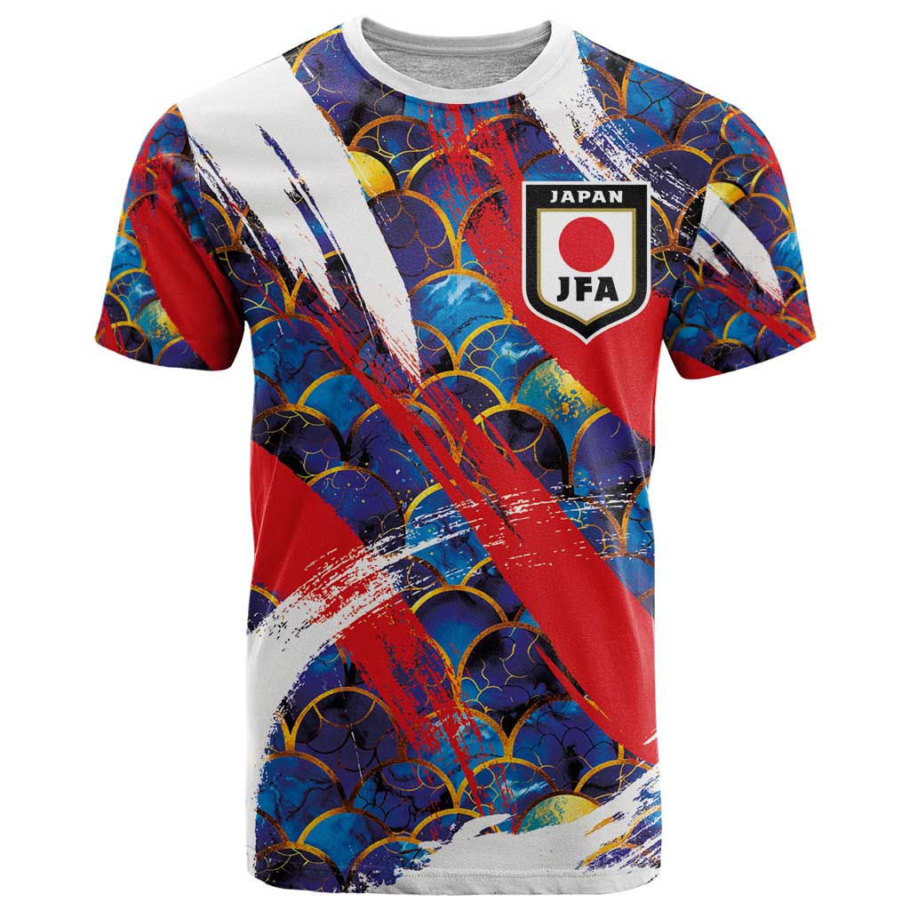 Custom Japan Football T Shirt Seigaiha and Brush Style