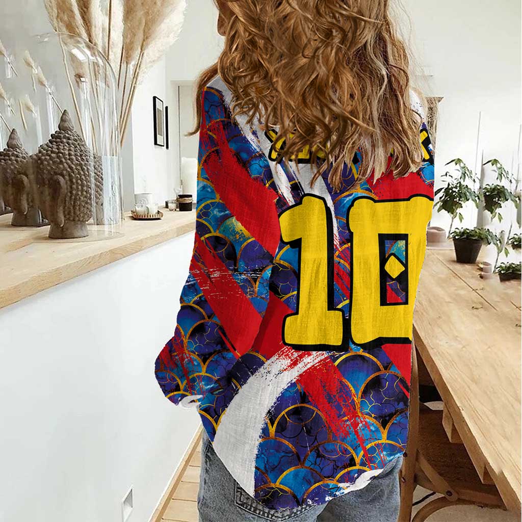 Custom Japan Football Women Casual Shirt Seigaiha and Brush Style