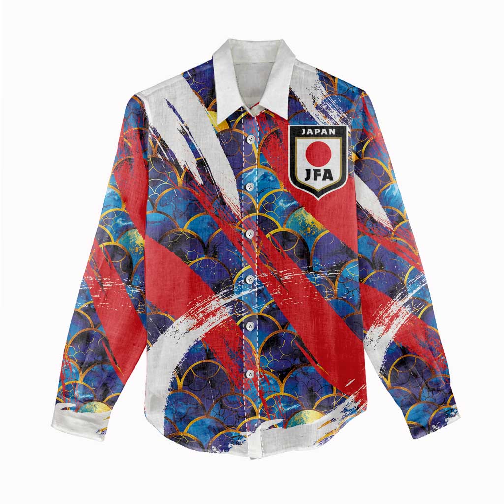 Custom Japan Football Women Casual Shirt Seigaiha and Brush Style