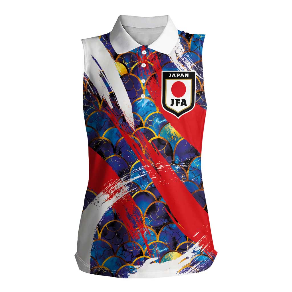 Custom Japan Football Women Sleeveless Polo Shirt Seigaiha and Brush Style