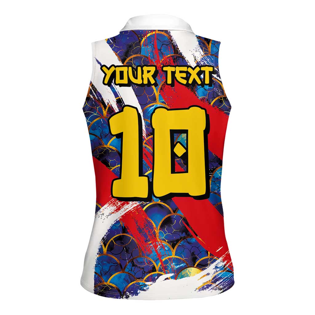 Custom Japan Football Women Sleeveless Polo Shirt Seigaiha and Brush Style